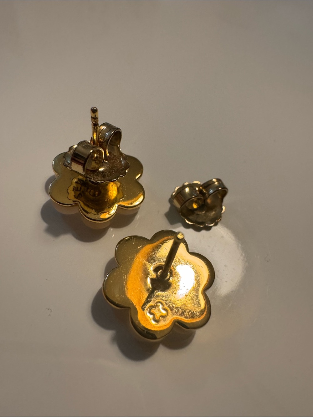 ASHA 14k gold dipped garden stud earrings in mother of pearl and white topaz .5” - Picture 4 of 4